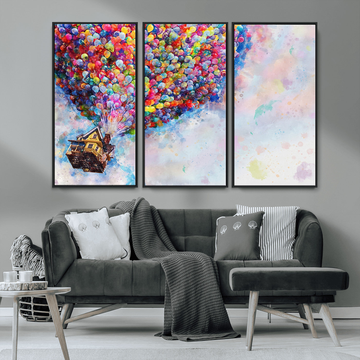 MGV-FC-48X32-3P - Don't Look Up Movie Canvas Wall Art - Vibrant Floating House and Balloons Scene, Tribute to Iconic