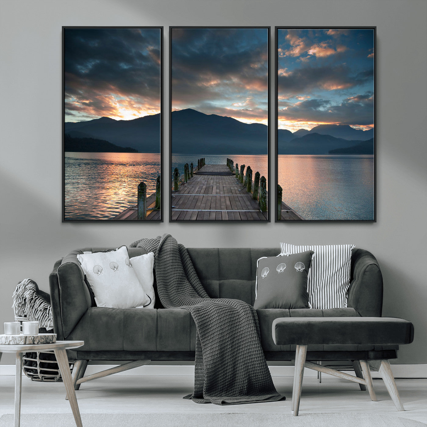 MGV-FC-48X32-3P - Mountain Lake Wood Pier Canvas Wall Art Nature Lake Print