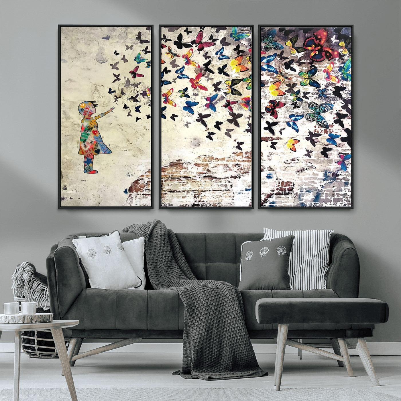 MGV-FC-48X32-3P - Banksy Wall Art - Banksy Girl Butterfly Graffiti Wall Art Canvas Print - Butterfly Girl and Freedom Flight - Vibrant Street Art Print