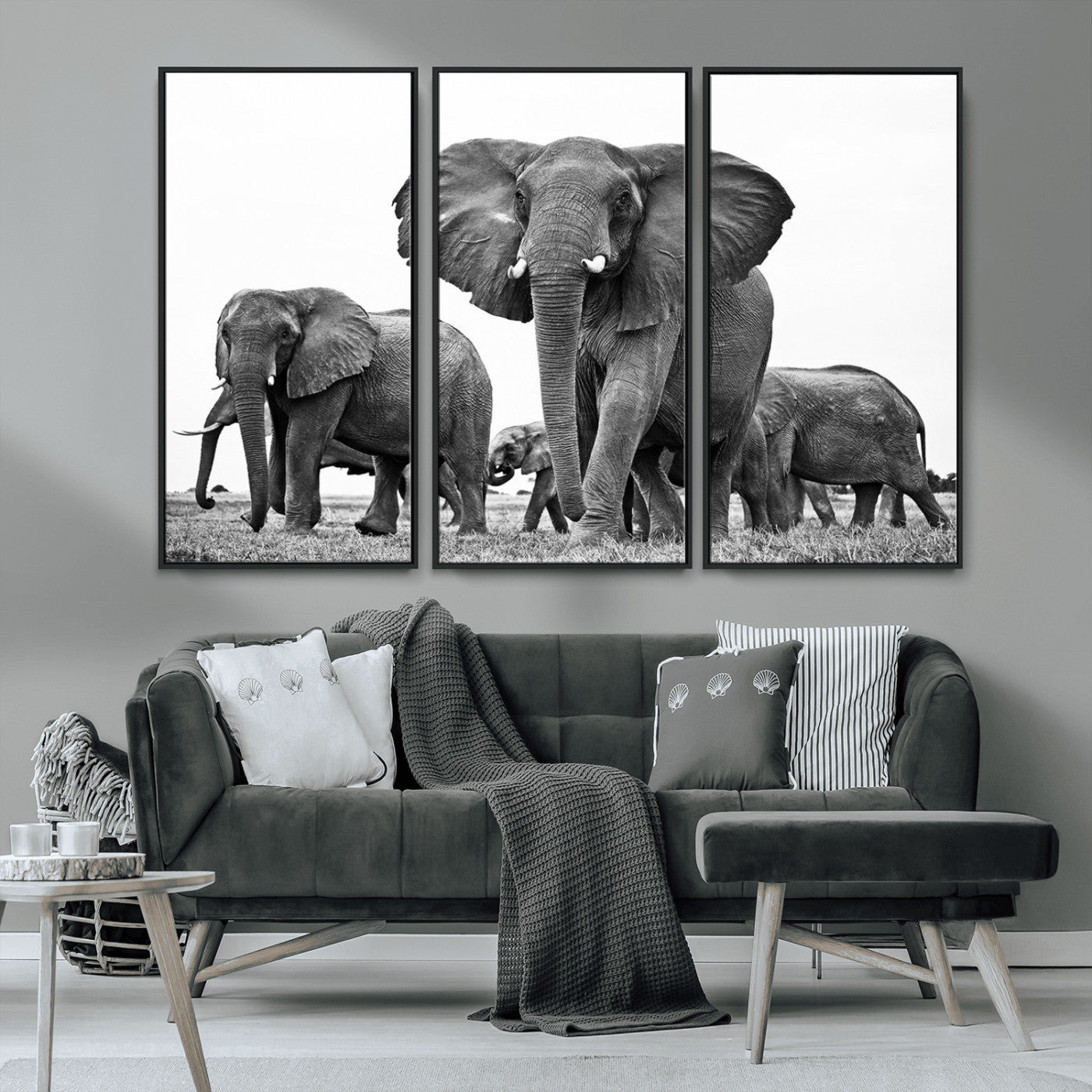 MGV-FC-48X32-3P - Black White Elephant Family Wall Art Canvas Print
