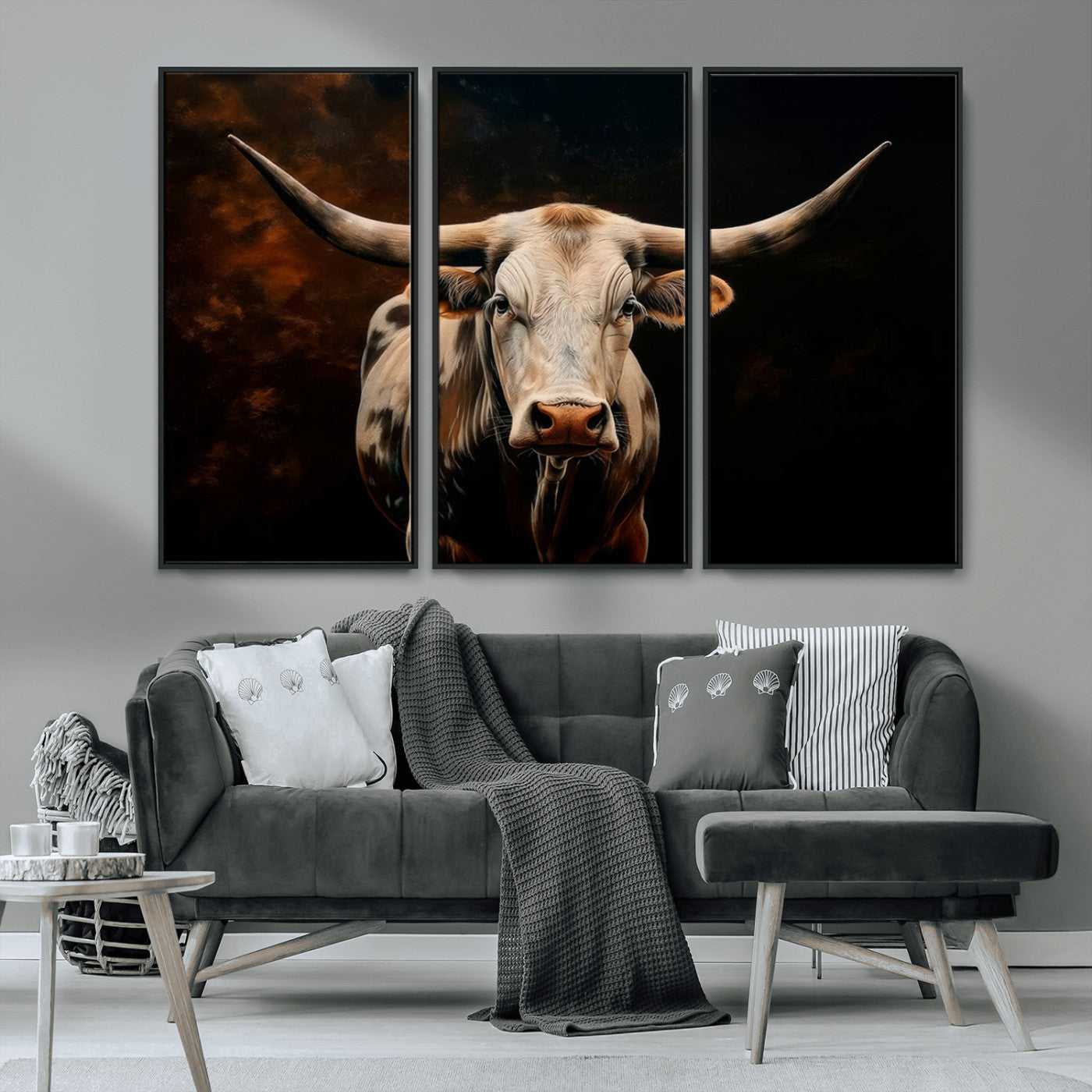 MGV-FC-48X32-3P - Texas Longhorn Wall Art | 3-Panel Large Texas Longhorn Canvas Print for Living Room, Office, or Farmhouse Decor | Framed Giclee Longhorn Wall Art
