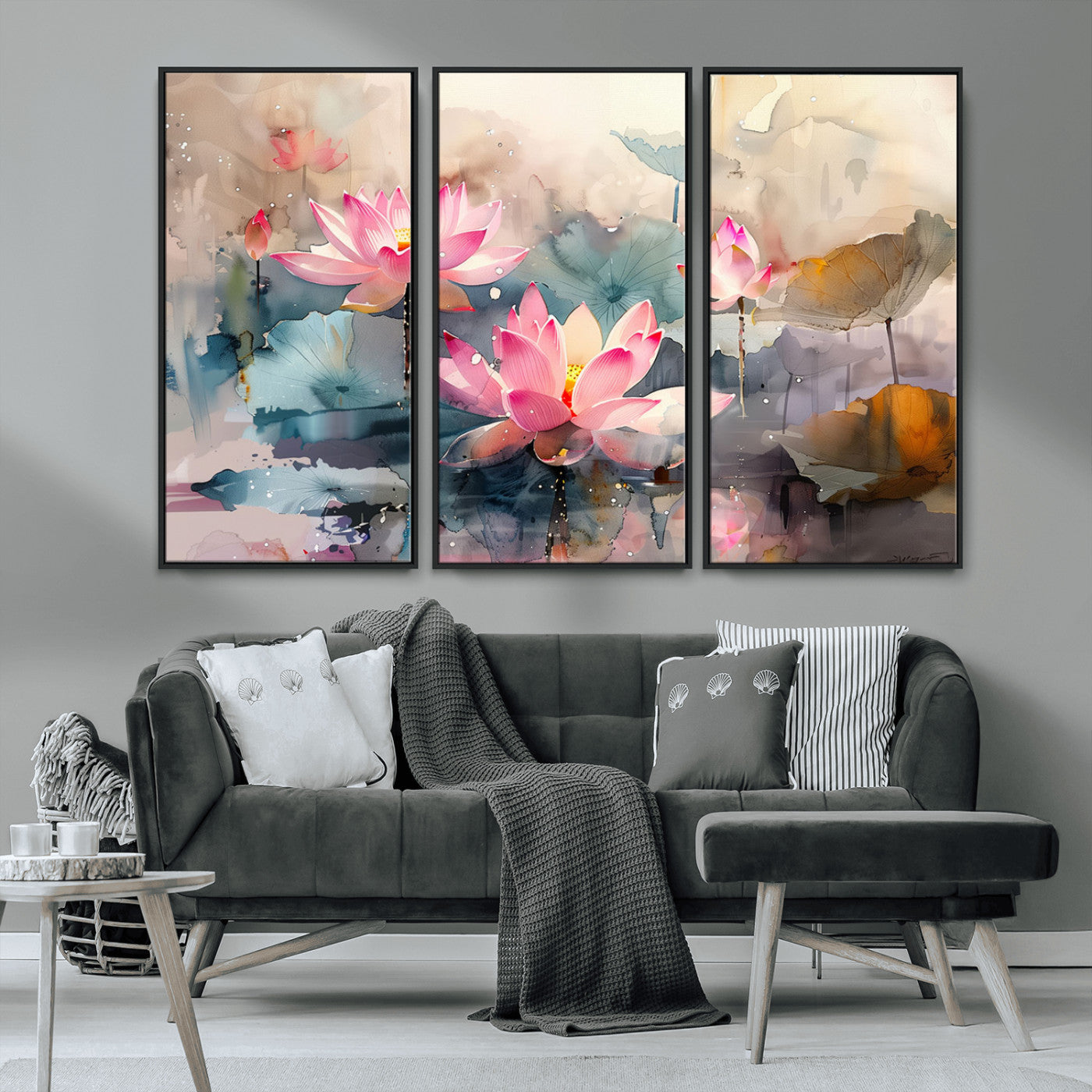 MGV-FC-48X32-3P - Lotus Flower Wall Art | 3-Panel Giclee Canvas Print of Pink Lotus Blossoms for Living Room, Bedroom, Office | Framed Lotus Floral Wall Art Decor Print