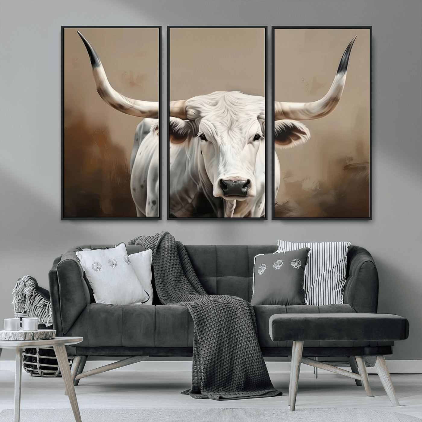 -White Longhorn Bull Wall Art Canvas Print – Framed and Ready to Hang – Perfect for Farmhouse and