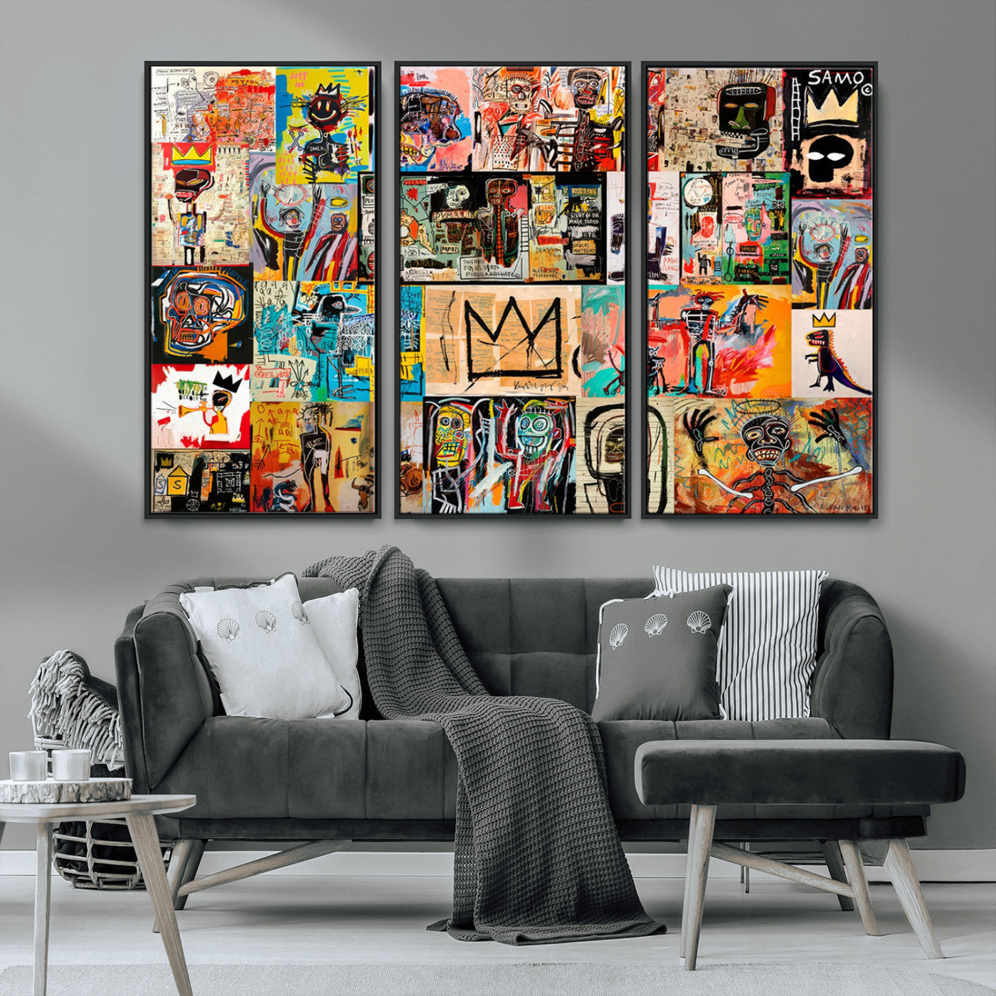 MGV-FC-48X32-3P - Basquiat Art Collage Wall Art Canvas Print – Framed, Ready to Hang, Urban Graffiti Style