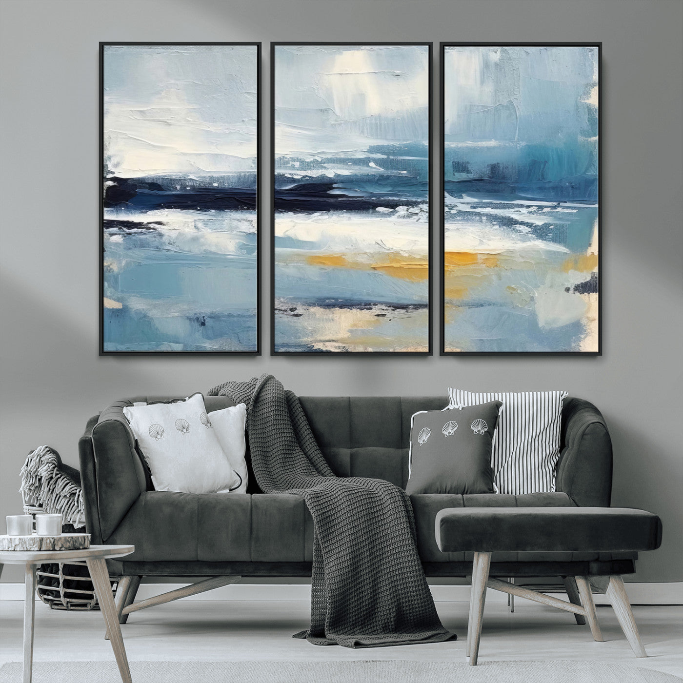MGV-FC-48X32-3P - Abstract Ocean Canvas Wall Art - Coastal Blue and Gold Textured Painting, Modern Seascape Decor for Living Room Decor