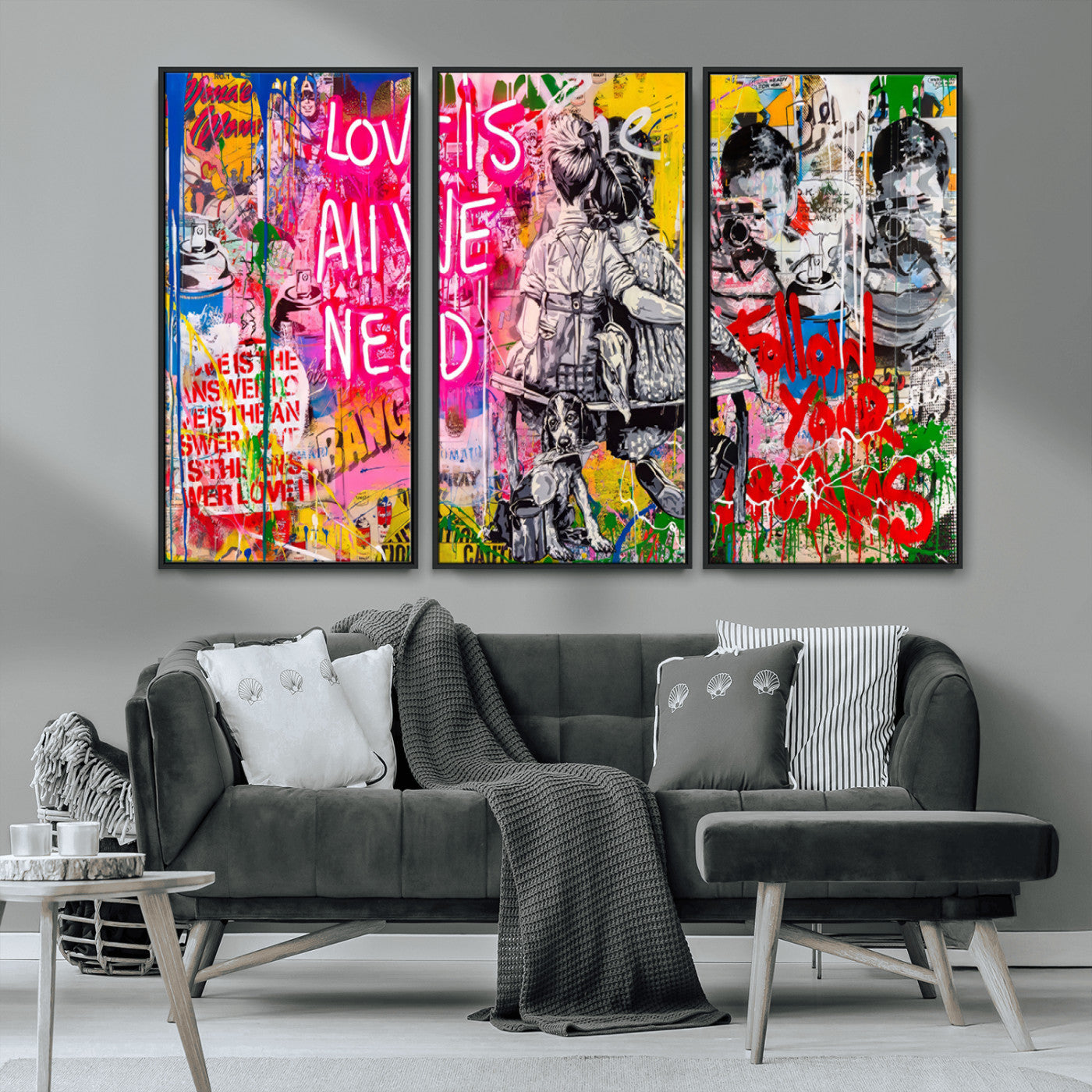 MGV-FC-48X32-3P - Follow Your Dreams & Love is All We Need Graffiti Street Art Triptych | 3-Panel Colorful Urban Wall Art for Living Room, Office, Loft Graffiti Wall Art Print