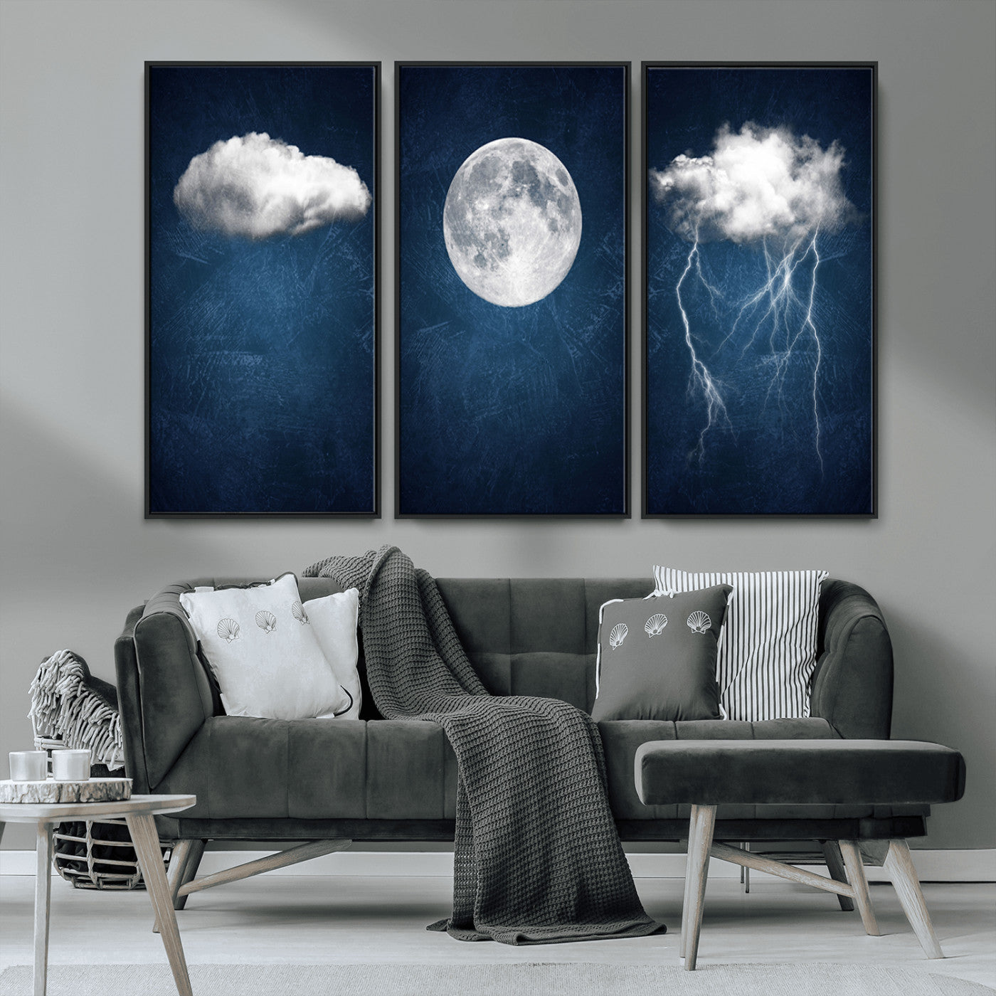 -Dark Blue Cloud Art, 3 Piece Indigo Blue Wall Art, Aesthetic Surreal Art, Thunderstorm Moon Cloud