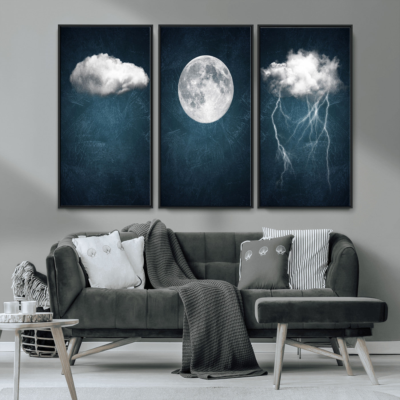 17673-MGV-FC-48X32-3P_Black-3 Piece Indigo Cloud Wall Art, Thunderstorm Moon Cloud Artworks
