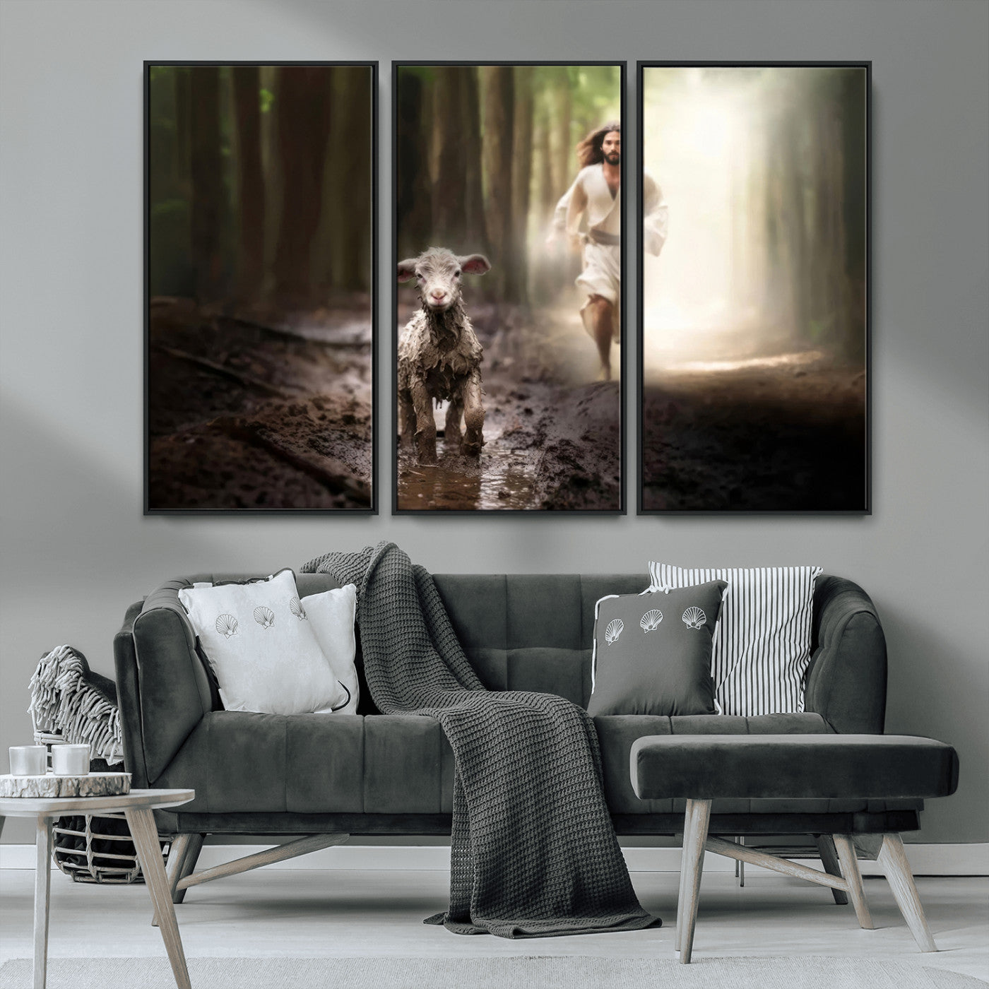 MGV-FC-48X32-3P - Jesus Canvas Wall Art - Jesus Running After Lost Lamb, Jesus, Christian Home Decor - Church Wall Art