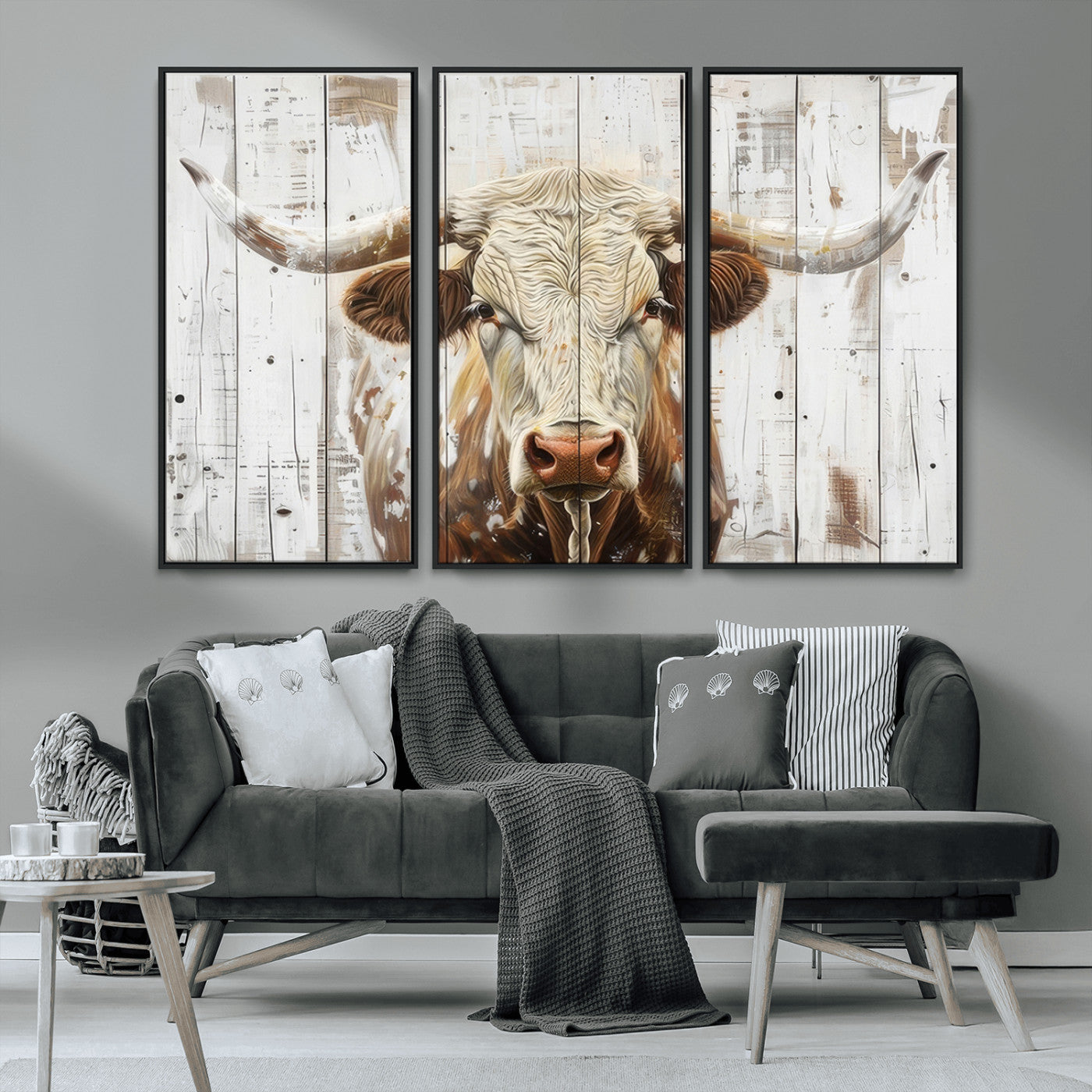 -Rustic Longhorn Bull Wall Art Canvas Set – Western-Inspired Farmhouse Décor - Ready to Hang