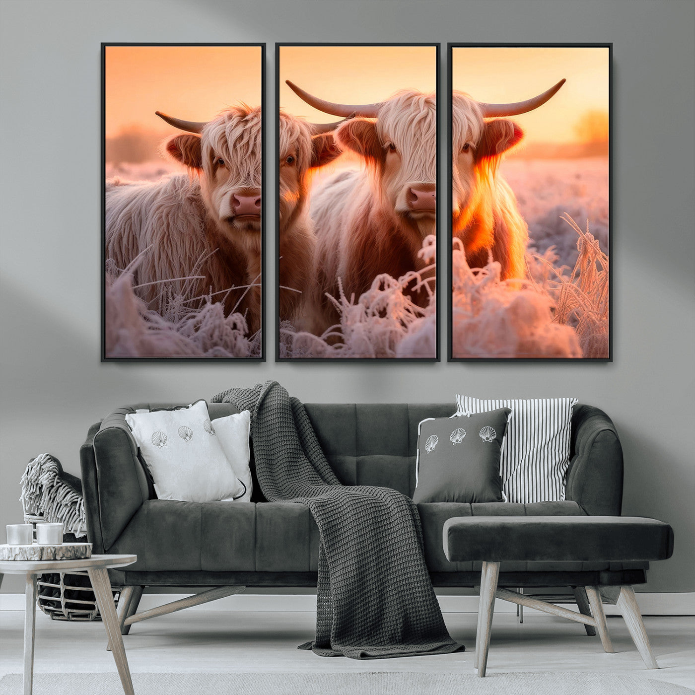 68253-MGV-FC-48X32-3P_Black-Highland Cows at Sunrise Wall Art Canvas Set – Serene and Rustic Farmhouse Decor