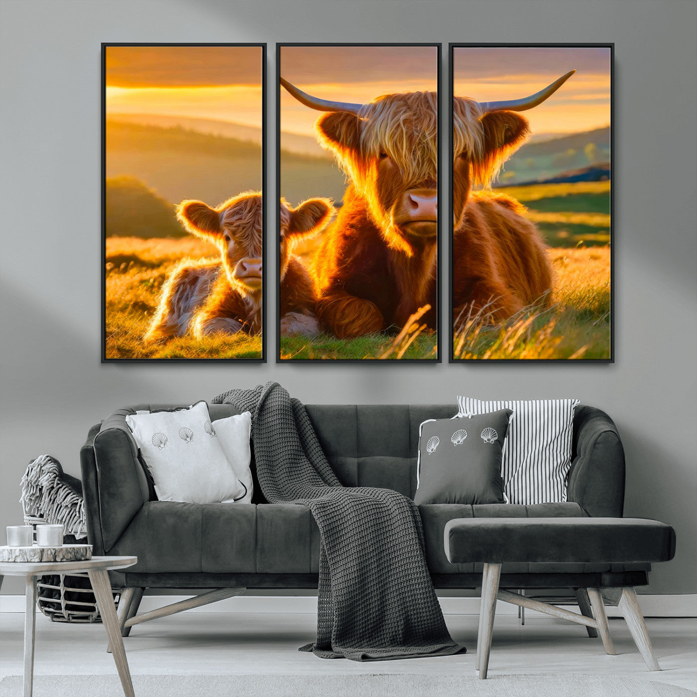 -Scottish Cow and Baby Cow Canvas Wall Art Animal Print Fluffy Cattle Framed Farmhouse Decor