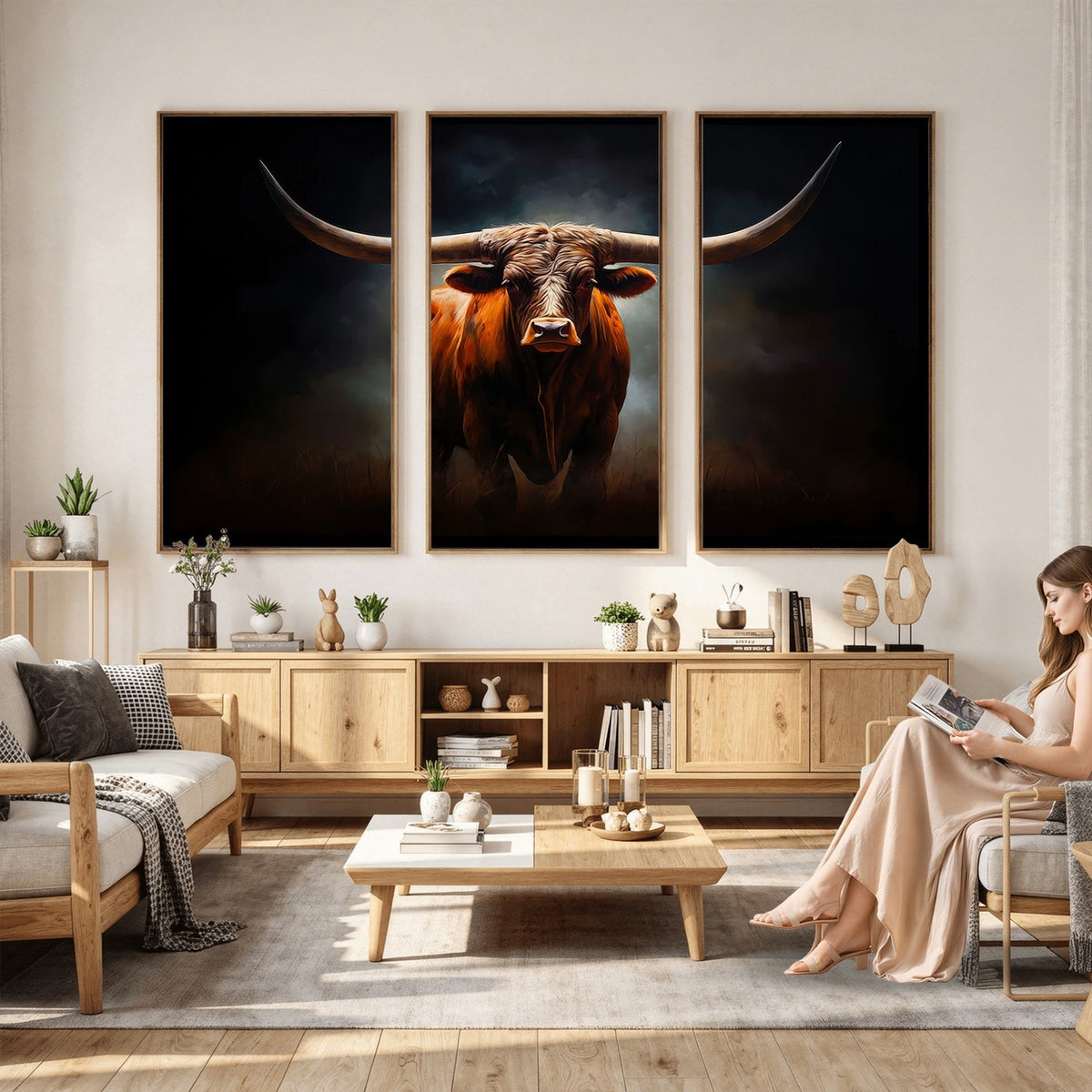 48896-MGV-CV-24X16 - Abstract Texas Longhorn Wall Art Print | 3-Panel Large Texas Longhorn Canvas