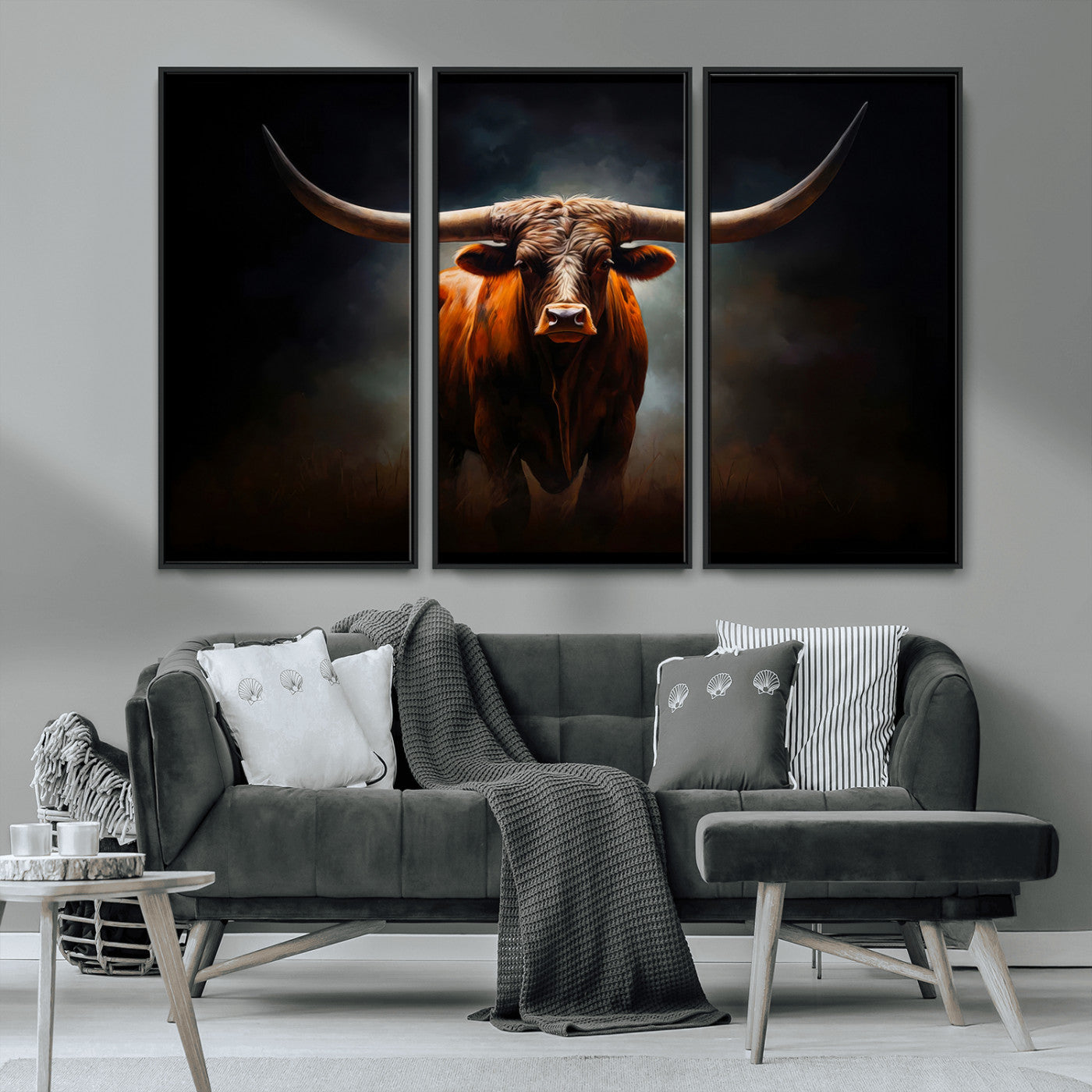 MGV-FC-48X32-3P - Abstract Texas Longhorn Wall Art Print | 3-Panel Large Texas Longhorn Canvas Print for Living Room, Office  Farmhouse Decor | Framed Longhorn Wall Art