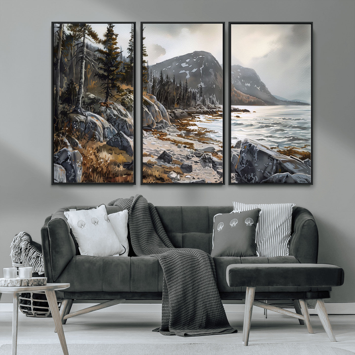 -Serene Coastal View of Acadia National Park - Stunning 3-Panel Wall Art Canvas Print, Framed, Ready