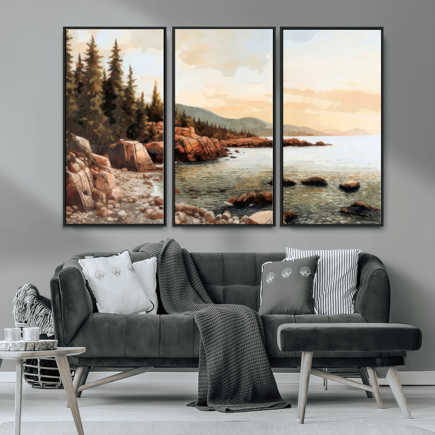MGV-FC-48X32-3P - Serene Coastal View of Acadia National Park Wall Art - Stunning 3-Panel Wall Art Canvas Print, Framed, Ready to Hang