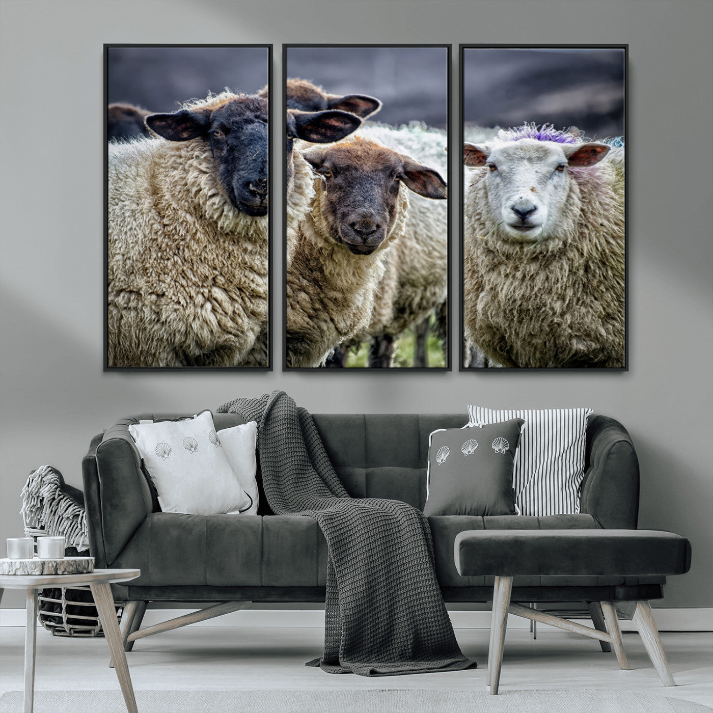 -Charming Sheep Portrait Wall Art – Trio of Woolly Companions Canvas Print, Framed, Ready to Hang