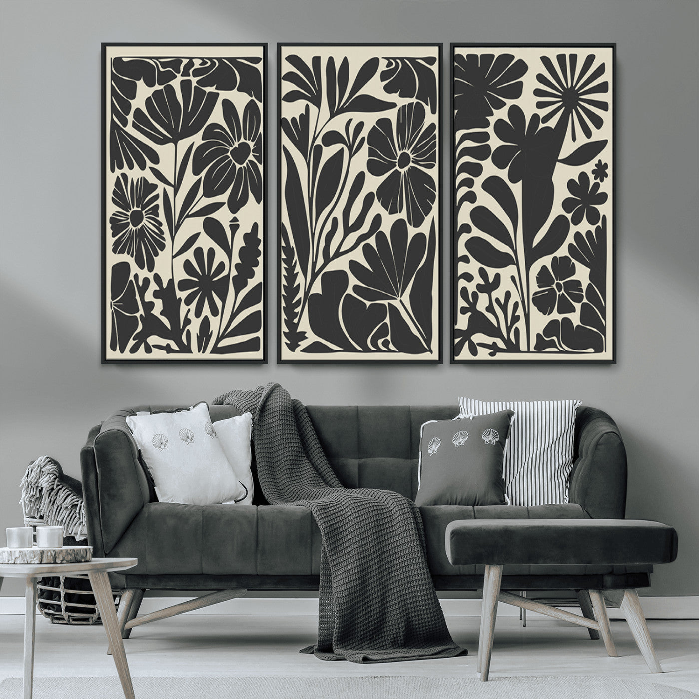 MGV-FC-48X32-3P - Modern Botanical Wall Art - Floral Black and White Canvas Print, Framed, Ready to Hang