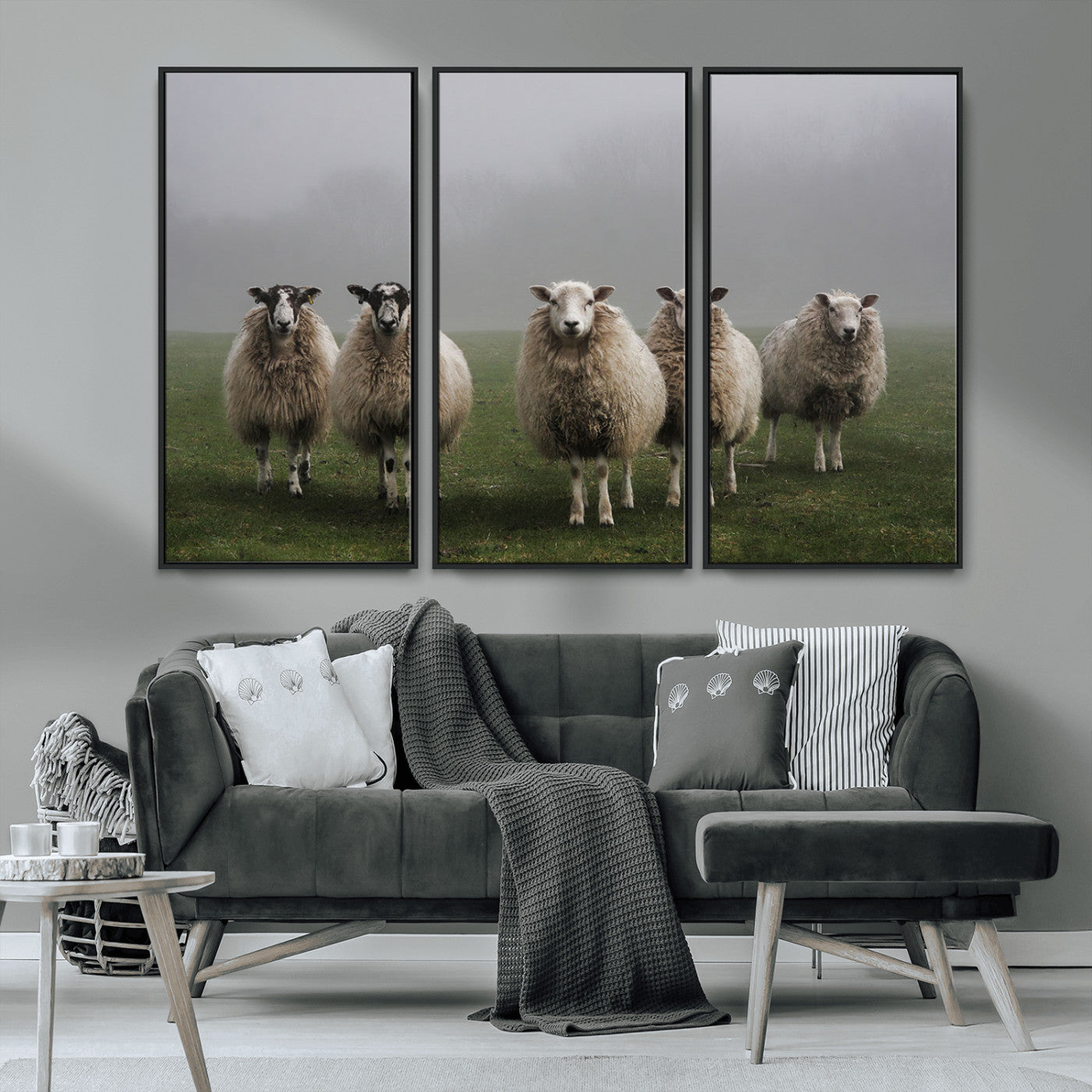-Flock of Sheep in a Mystical Fog – Pastoral Wall Art Canvas Print, Framed, Ready to Hang