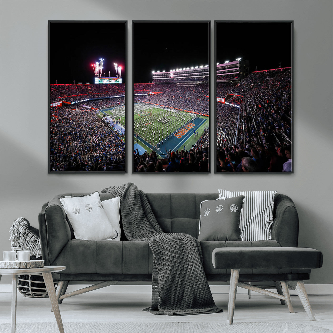 MGV-FC-48X32-3P - Ben Hill Griffin Stadium Night Game Triple Canvas Wall Art - Florida Gators Football Match