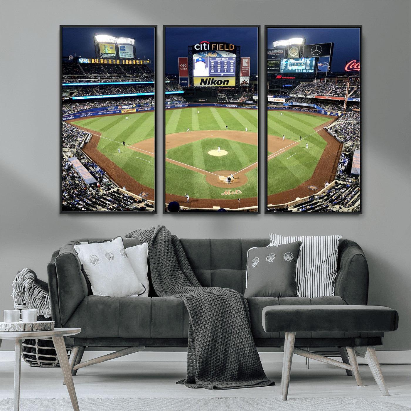 MGV-FC-48X32-3P - Citi Field Wall Art Print | 3-Panel New York Mets Baseball Stadium Canvas Print | Framed Sports Decor for Living Room, Man Cave, or Office Decor
