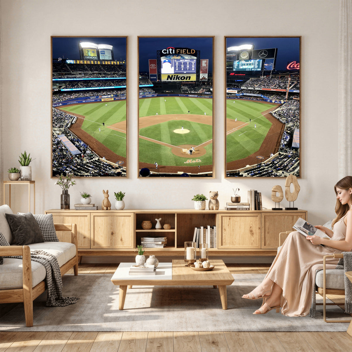 87666-MGV-CV-36X24 - Citi Field Wall Art Print | 3-Panel New York Mets Baseball Stadium Canvas Print | Framed Sports