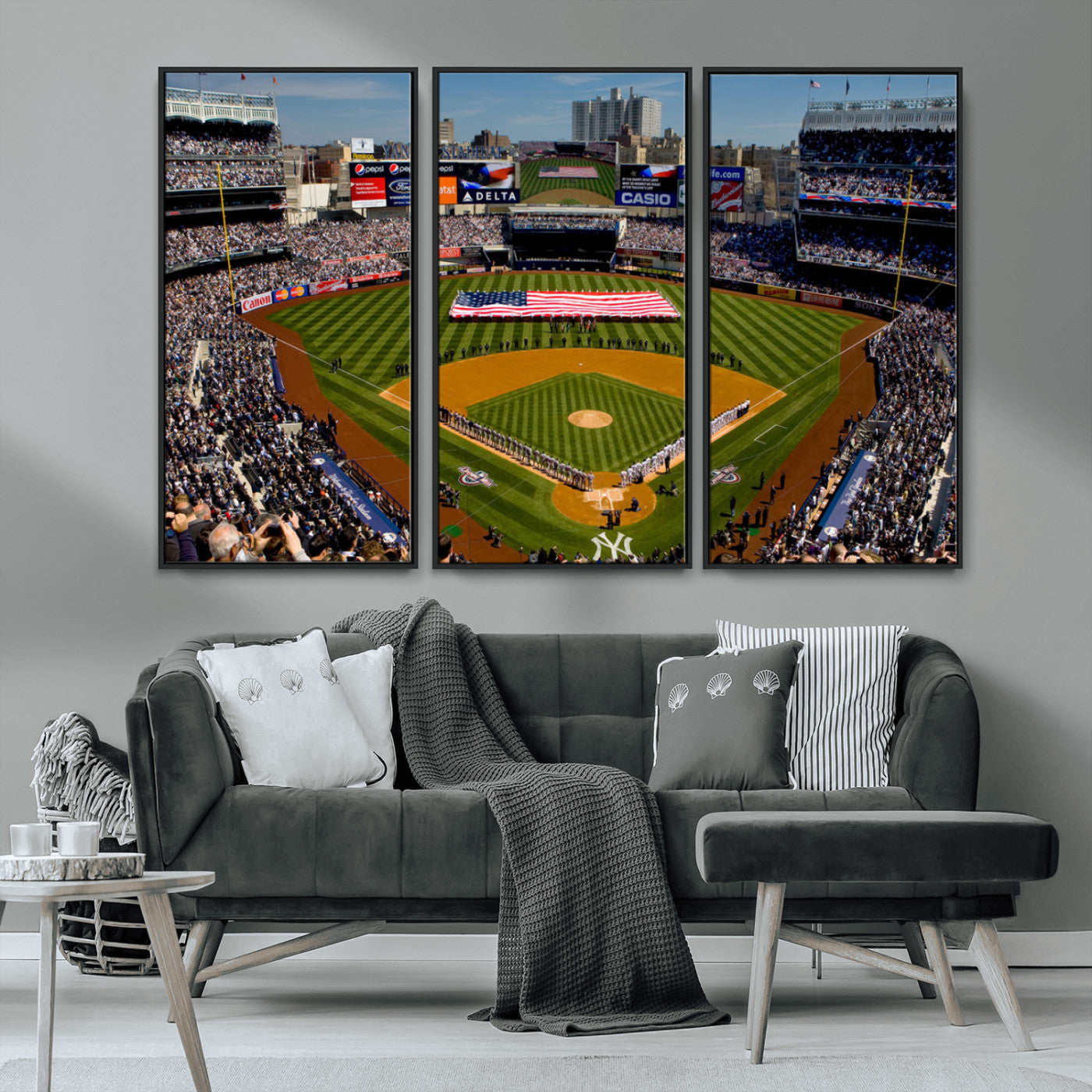 MGV-FC-48X32-3P - Yankee Stadium New York Wall Art Print | 3-Panel Canvas Print of Yankees Baseball Stadium | Large Framed Wall Decor for Baseball Fans | Ready-to-Hang