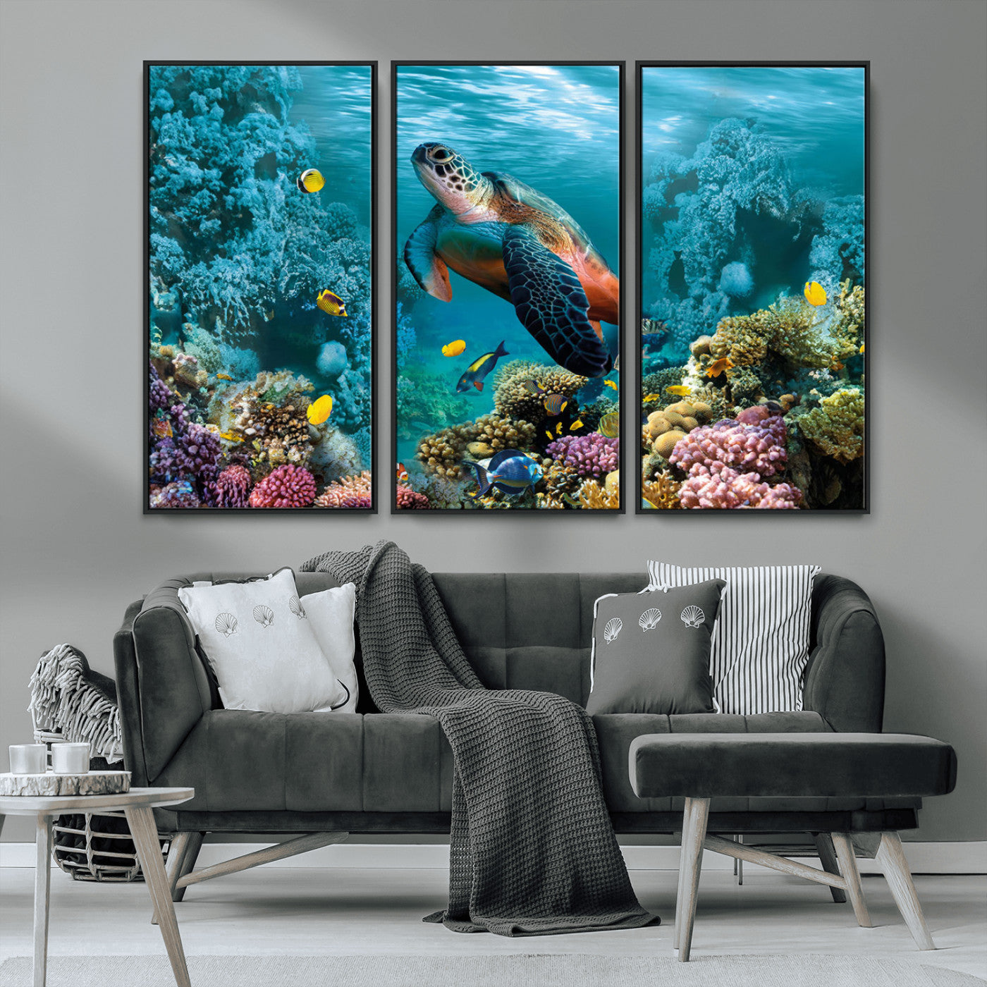 MGV-FC-48X32-3P - Sea Turtle and Coral Reef Triptych Wall Art – Vibrant Underwater Scene Canvas Set for Ocean Lovers and Coastal Decor – Ready to Hang 3-Panel Artwork