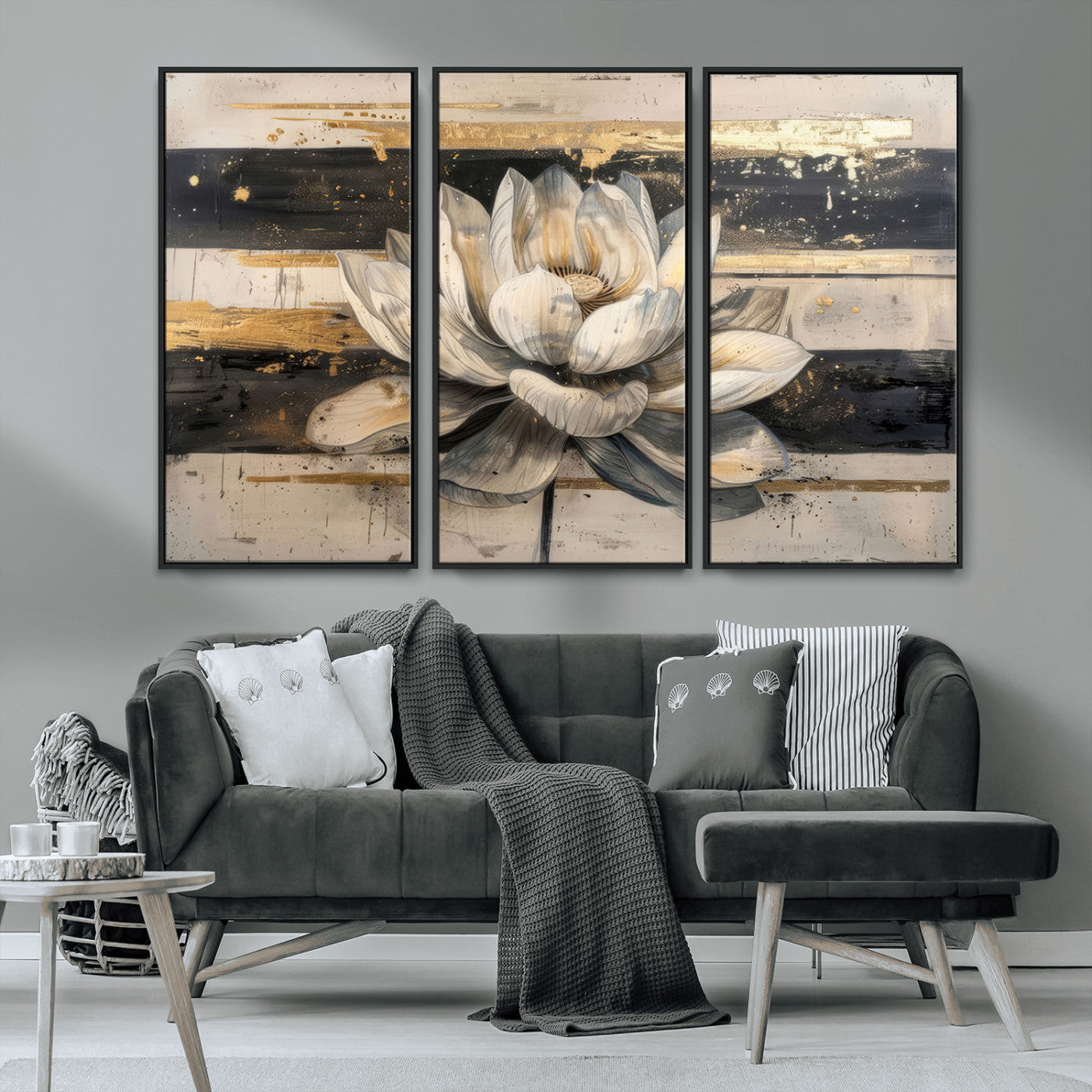 MGV-FC-48X32-3P - Lotus Flower Wall Art Canvas Print, Framed Abstract Lotus Art Picture Print, White Lotus Flower Perfect Abstract Floral Decor Artwork