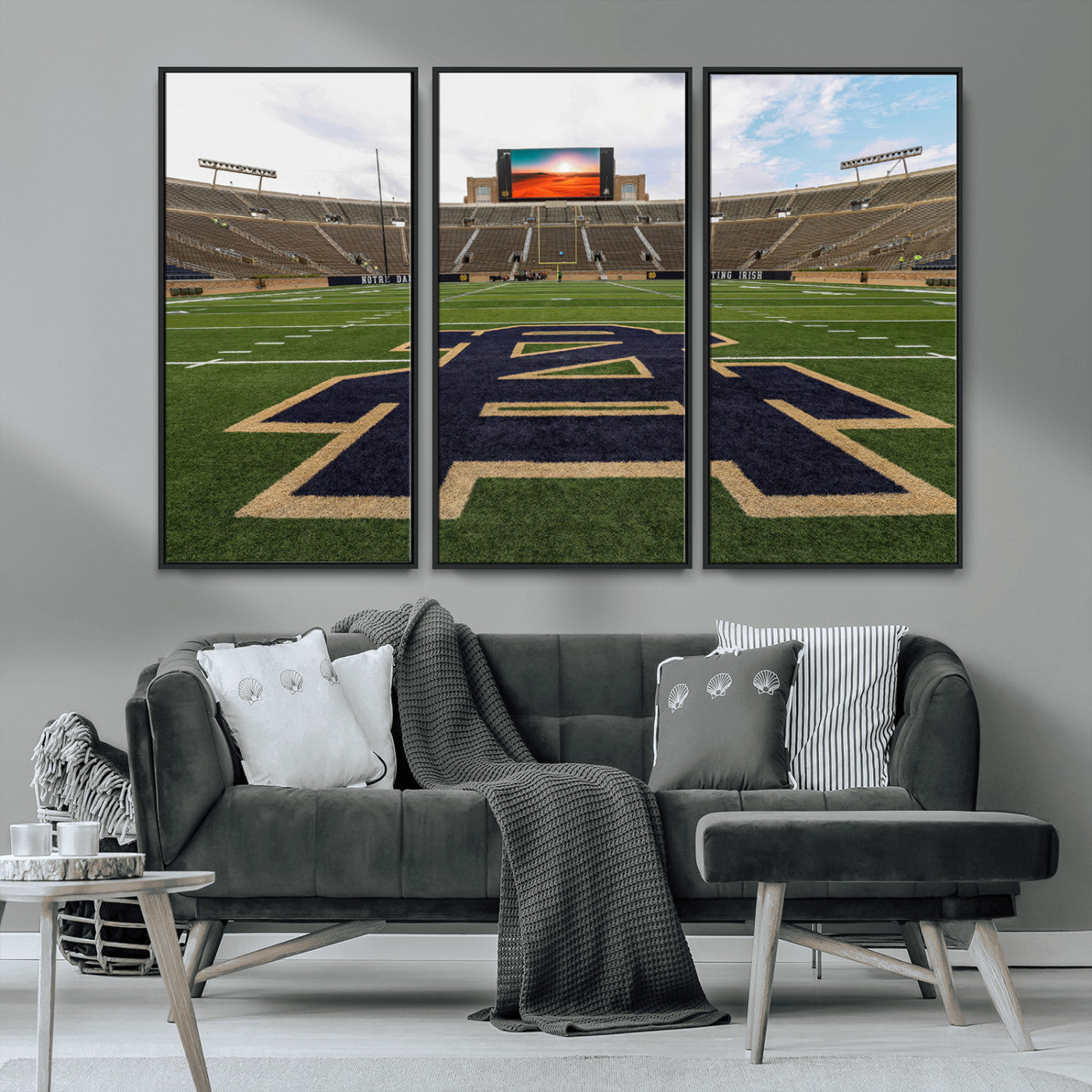 MGV-FC-48X32-3P - Notre Dame Stadium Giclee Canvas Print | Triptych Wall Art Featuring Iconic Notre Dame Football Field | Ready-to-Hang Sports Stadium Decor
