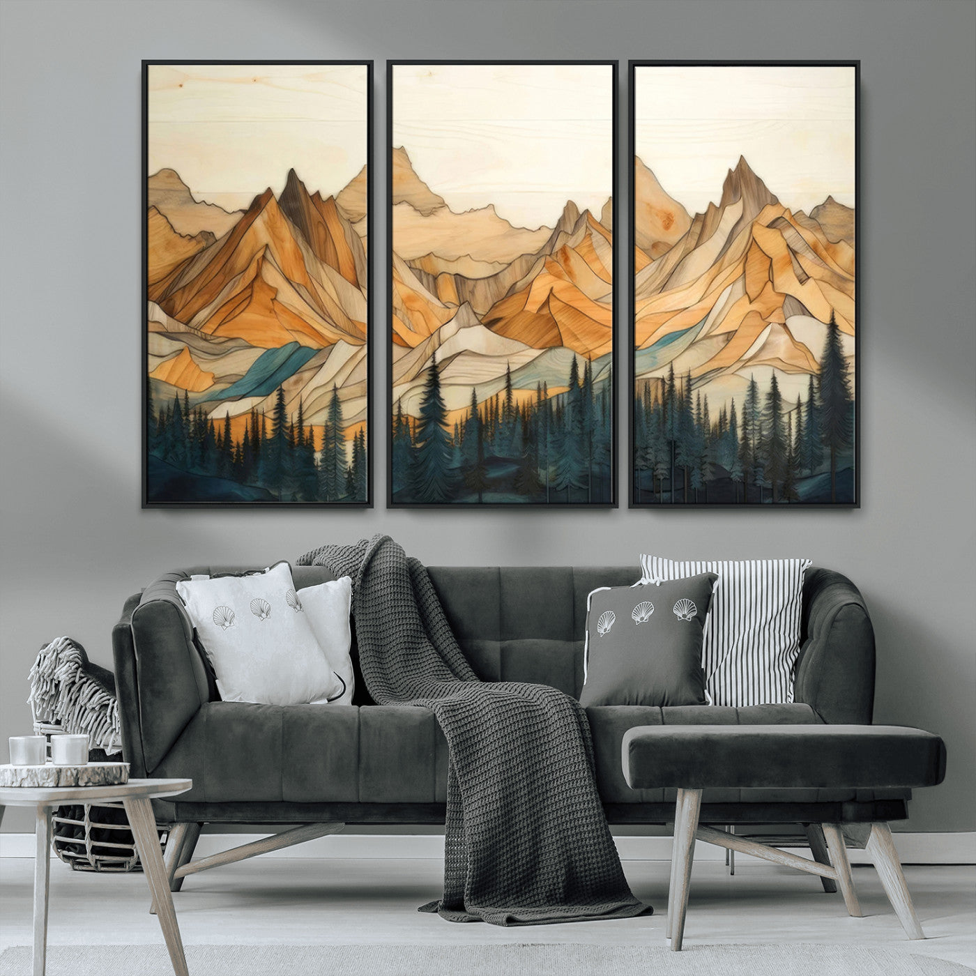 -Rustic Wood Mountain Wall Art Print | Triptych Giclee Print Featuring Handcrafted Forest and