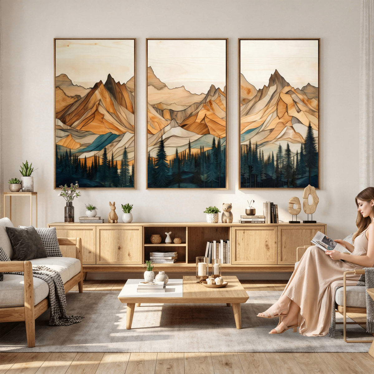 31576-MGV-CV-36X24 - Geometric Wood Mountain Landscape Wall Art Canvas Print, Rustic Forest Painting Print