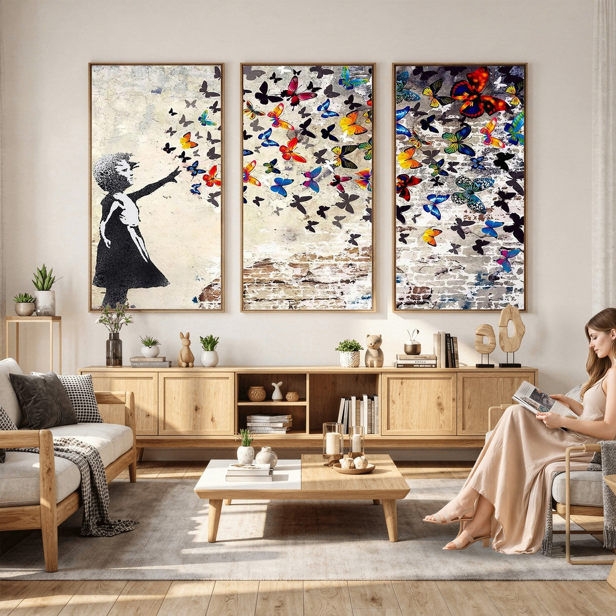 97895-MGV-CV-24X16 - Banksy Graffiti Wall Art Canvas Print, Girl Releasing Vibrant Butterflies