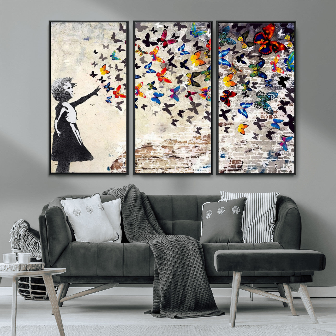 MGV-FC-48X32-3P - Banksy Graffiti Wall Art Canvas Print: Girl Releasing Vibrant Butterflies – Ready to Hang