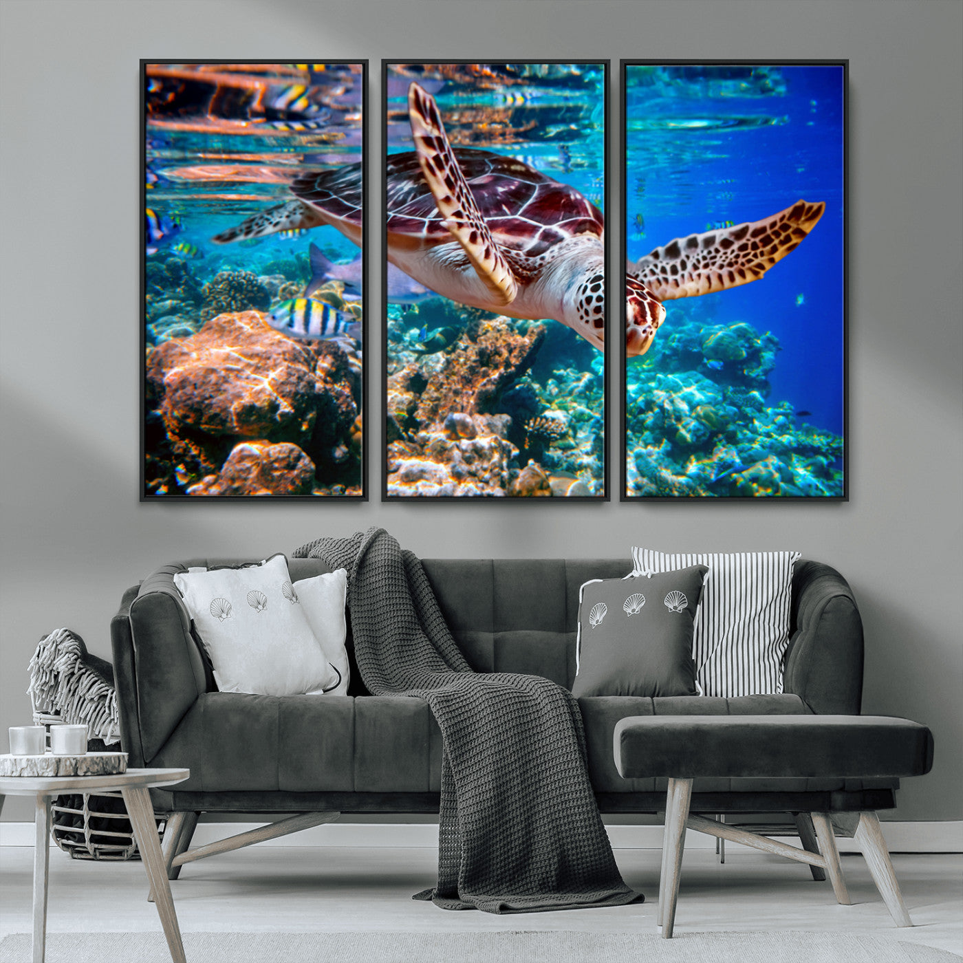 MGV-FC-48X32-3P - Underwater Coral Reef Sea Turtle Wall Art Canvas Print, Vibrant Marine Life | Colorful Ocean Scene