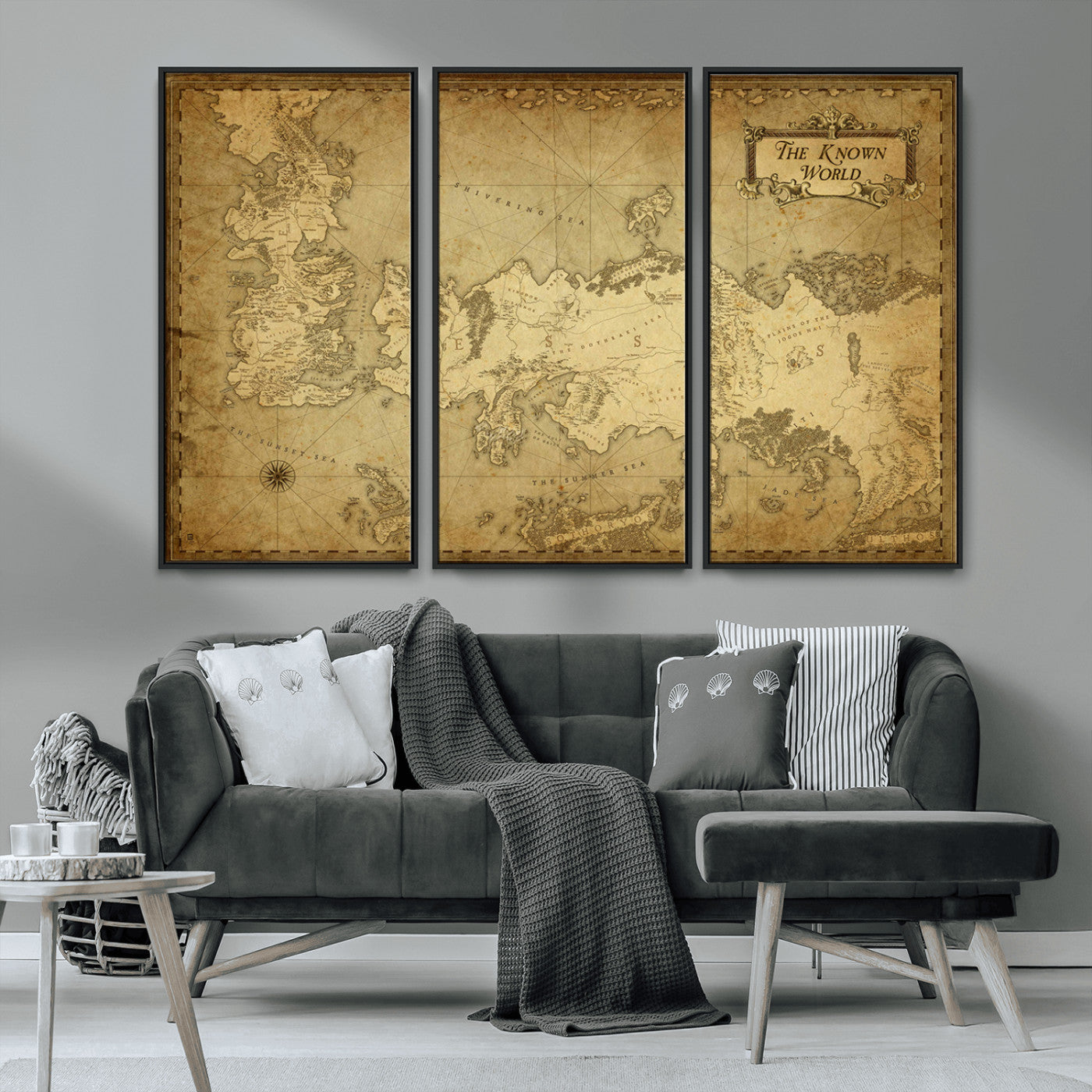 MGV-FC-48X32-3P - Vintage Game of Thrones Map Wall Art | Westeros and Essos Antique Style Print | The Known World in Triptych Canvas | Giclee Canvas for Fantasy Lovers
