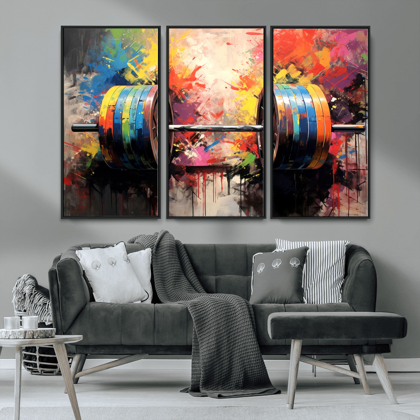 MGV-FC-48X32-3P - Weightlifting Barbell Art Triptych, Bold Abstract Fitness Wall Decor for Gym or Home, Giclee Canvas Print