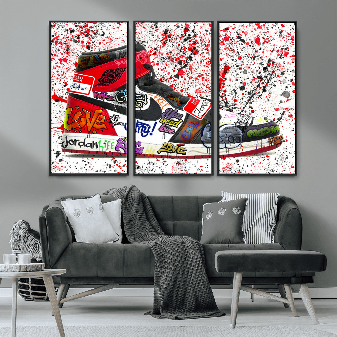 MGV-FC-48X32-3P - Jordan Shoes Graffiti Wall Art Canvas Print- Jordan Graffiti Canvas Wall Art - Framed Perfect for Sneaker heads and Urban Art Lovers
