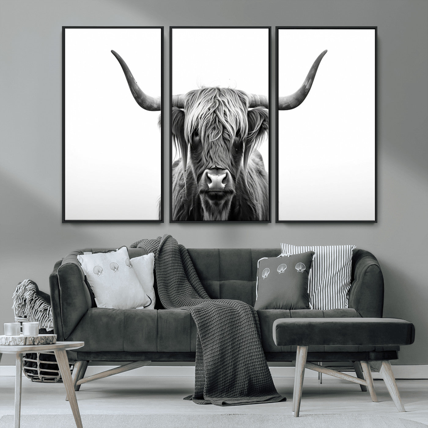 MGV-FC-48X32-3P - Highland Wall Art Canvas Print – Minimalist Black and White Farmhouse Décor, Ready to Hang
