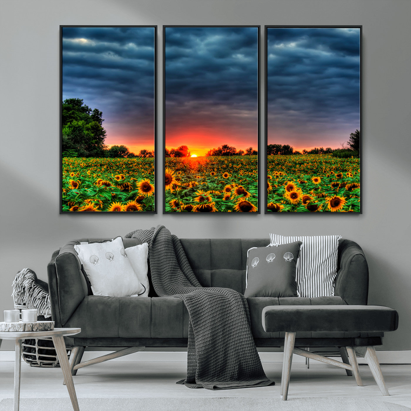 MGV-FC-48X32-3P - Golden Sunflower Field at Sunset – Breathtaking Sky and Vibrant Flowers, Ready to Hang Wall Art