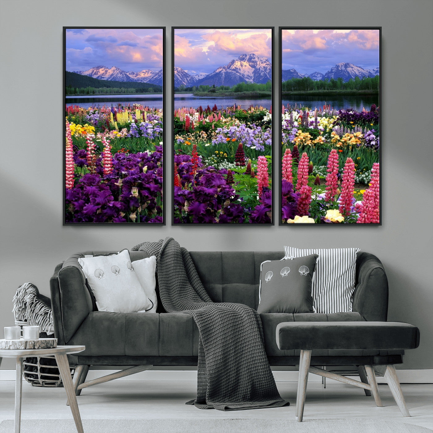 MGV-FC-48X32-3P - Vibrant Wildflower Garden and Mountain View Giclee Canvas Print | Floral Wall Art for Living Room