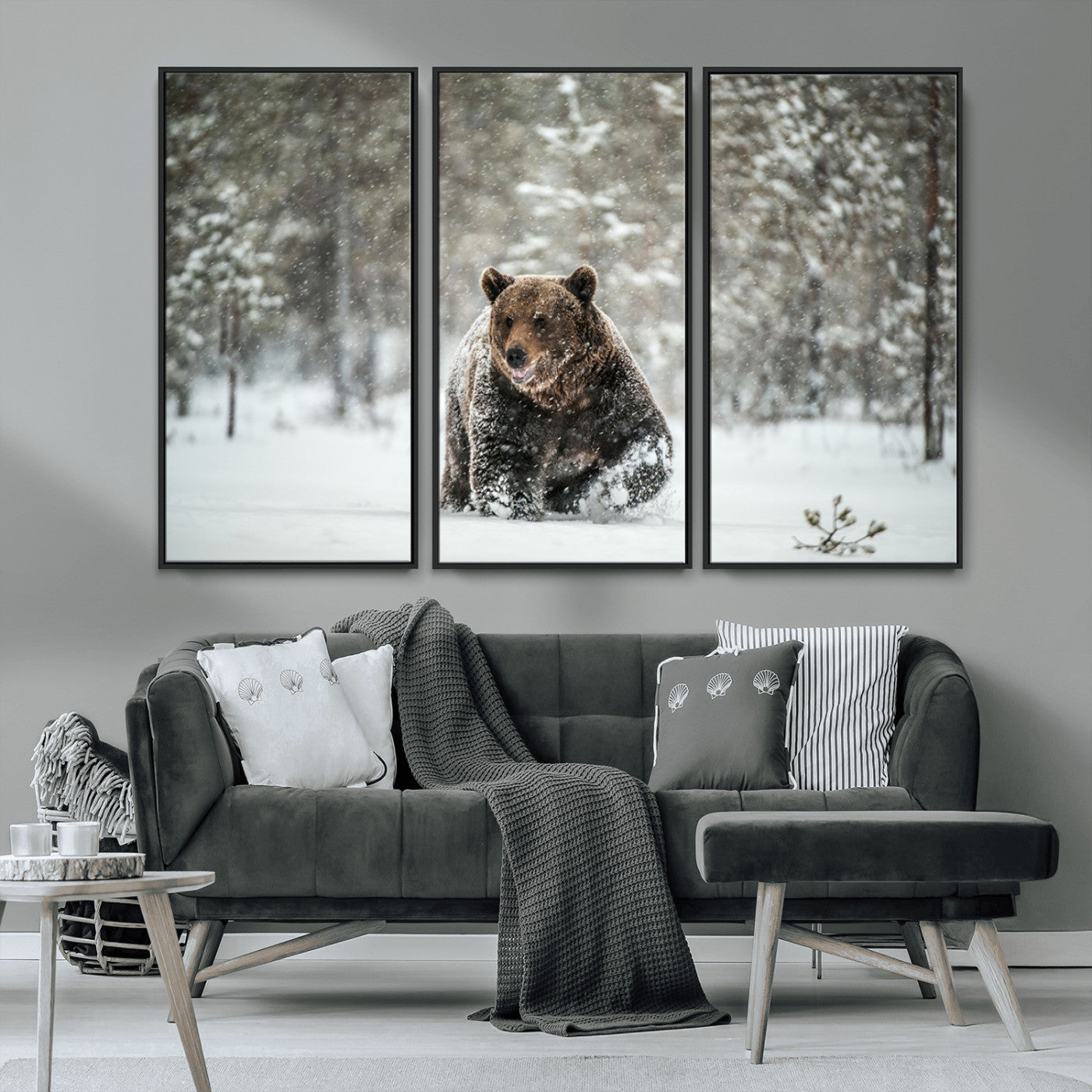 A majestic brown bear moves through a snowy forest landscape, surrounded by falling snowflakes, capturing the essence of wildlife in winter.