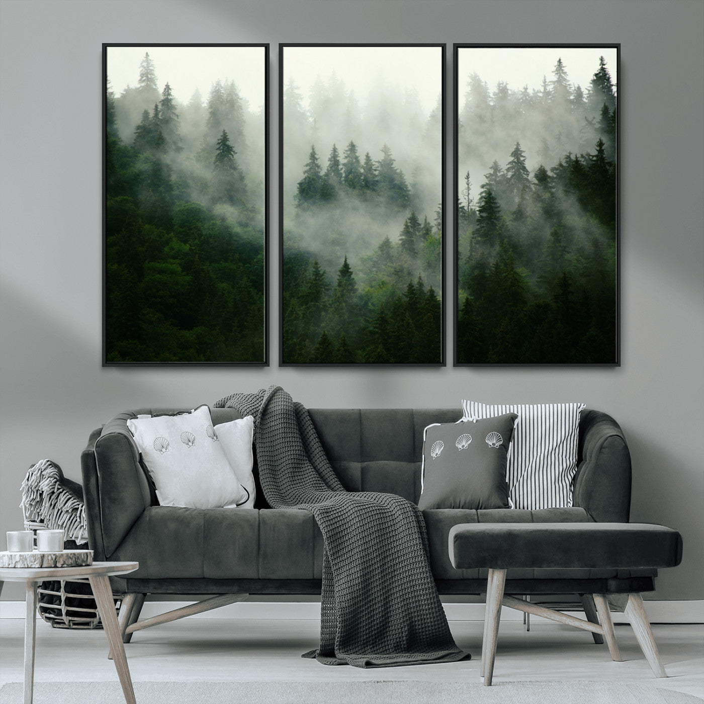 MGV-FC-48X32-3P - Misty Forest Mountain Wall Art Canvas  | Large 3-Panel Foggy Landscape Canvas Print | Nature Misty