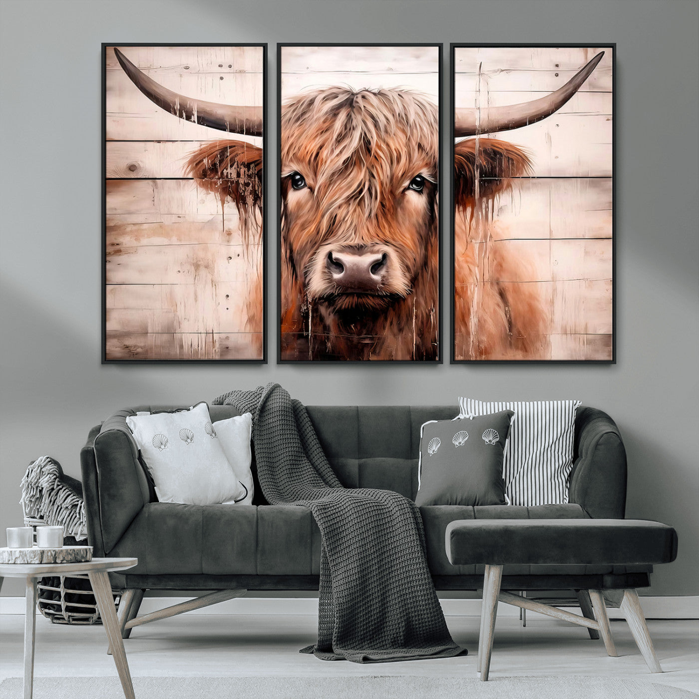MGV-FC-48X32-3P - Vintage Scottish Highland Cow Cattle Art Print Farmhouse Wall Art Canvas Print
