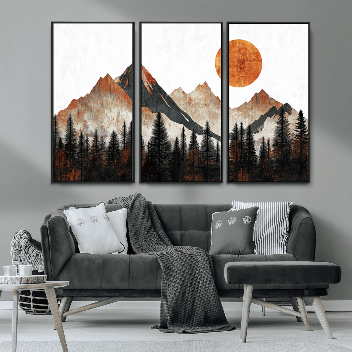 MGV-FC-48X32-3P - Modern Abstract Mountain Canvas Wall Art Print, Abstract Landscape Print, Rustic Sun and Mountains