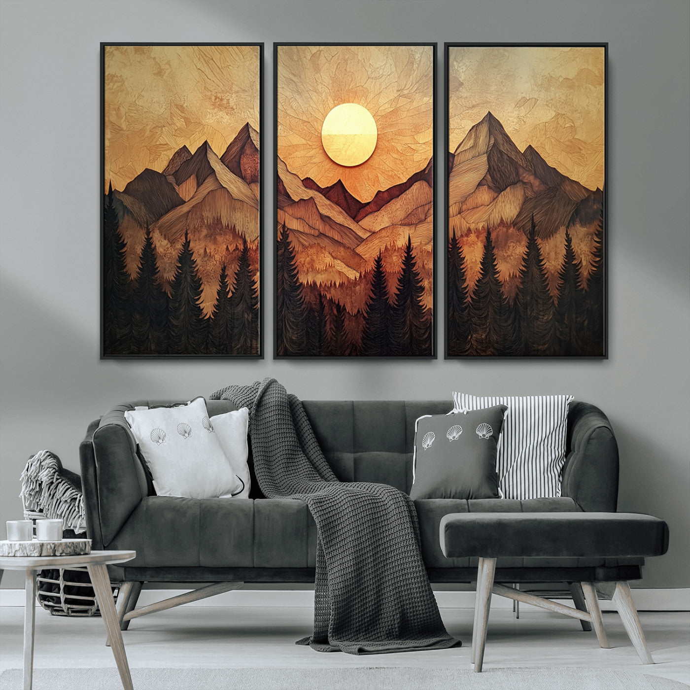 MGV-FC-48X32-3P - Wood Style Abstract Mountain Sunset Canvas Wall Art Print - Warm Earth Nature-Inspired Decor for