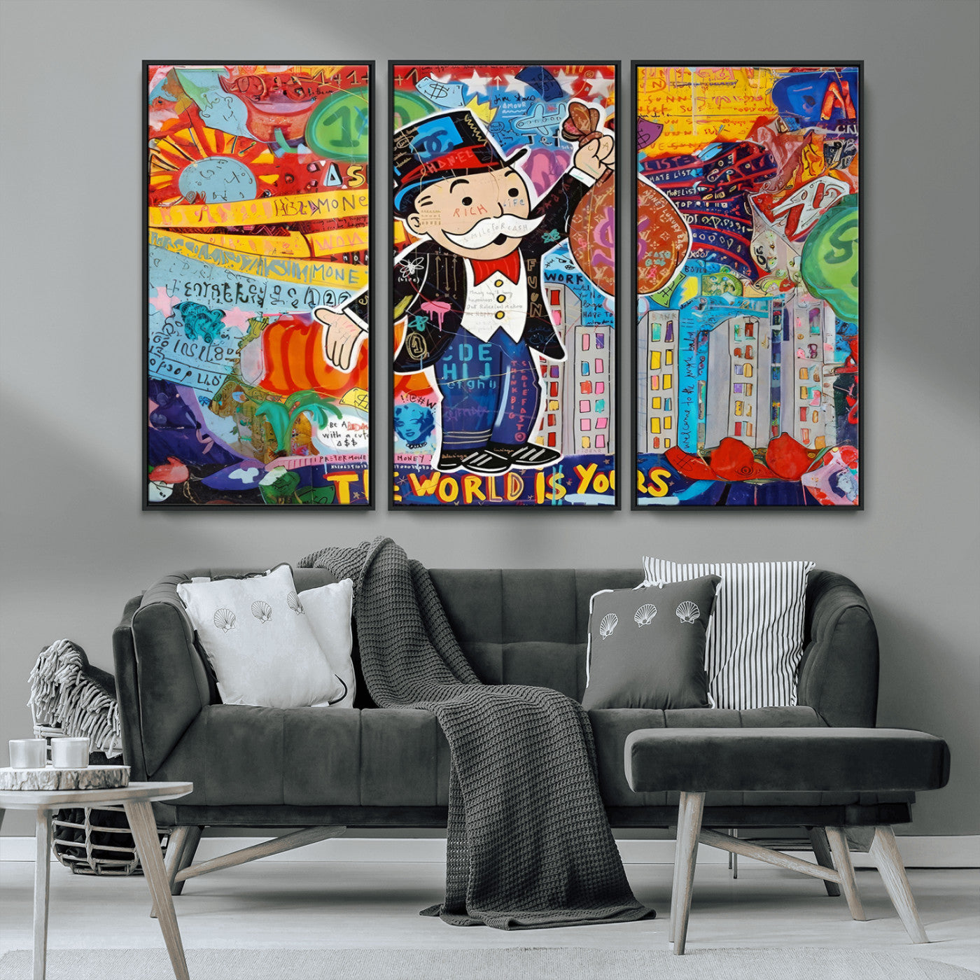MGV-FC-48X32-3P - Pop Art Monopoly Man Canvas Wall Art Print - Bold and Colorful Street Art-Inspired Decor for Living
