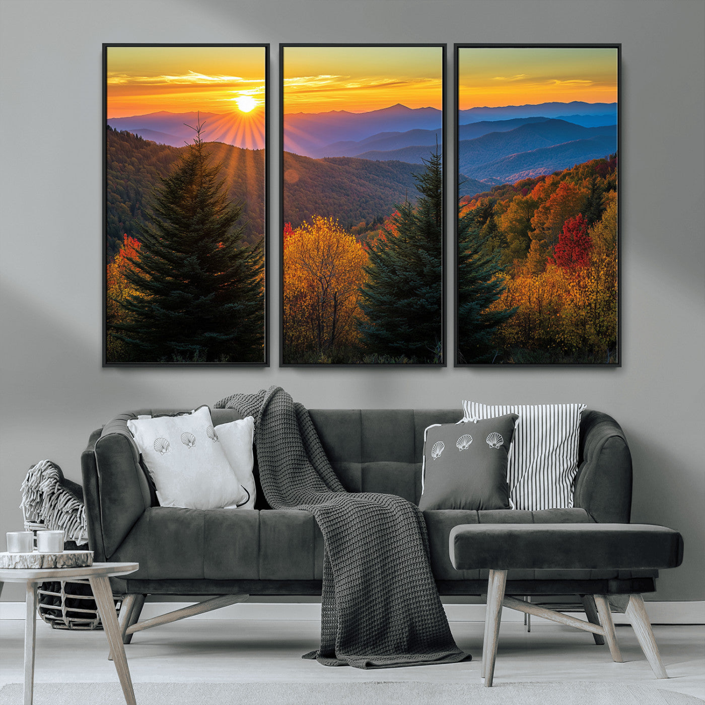 MGV-FC-48X32-3P - Golden Sunset Over Mountain Forest Canvas Wall Art Print - Warm Nature-Inspired Landscape for Living