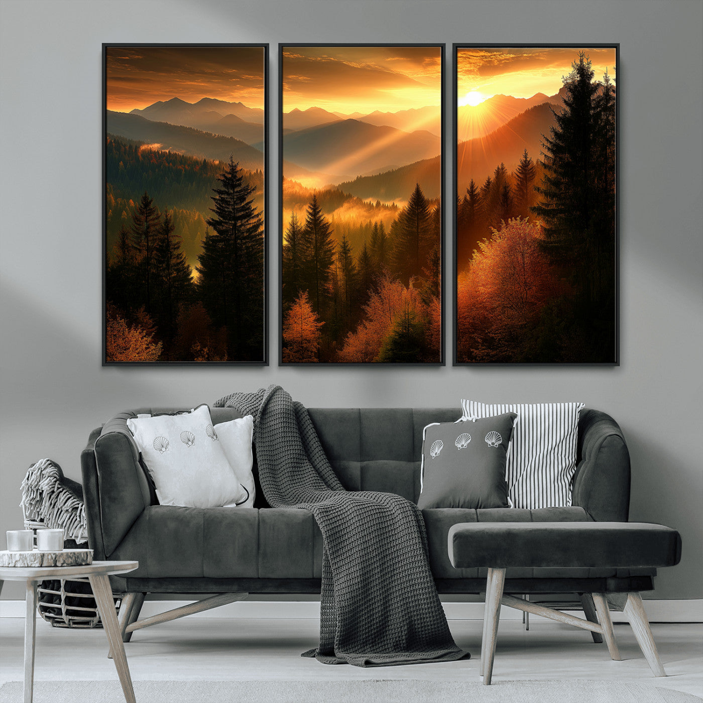 MGV-FC-48X32-3P - Golden Sunset Over Mountain Forest Canvas Wall Art Print - Warm Nature Landscape Print