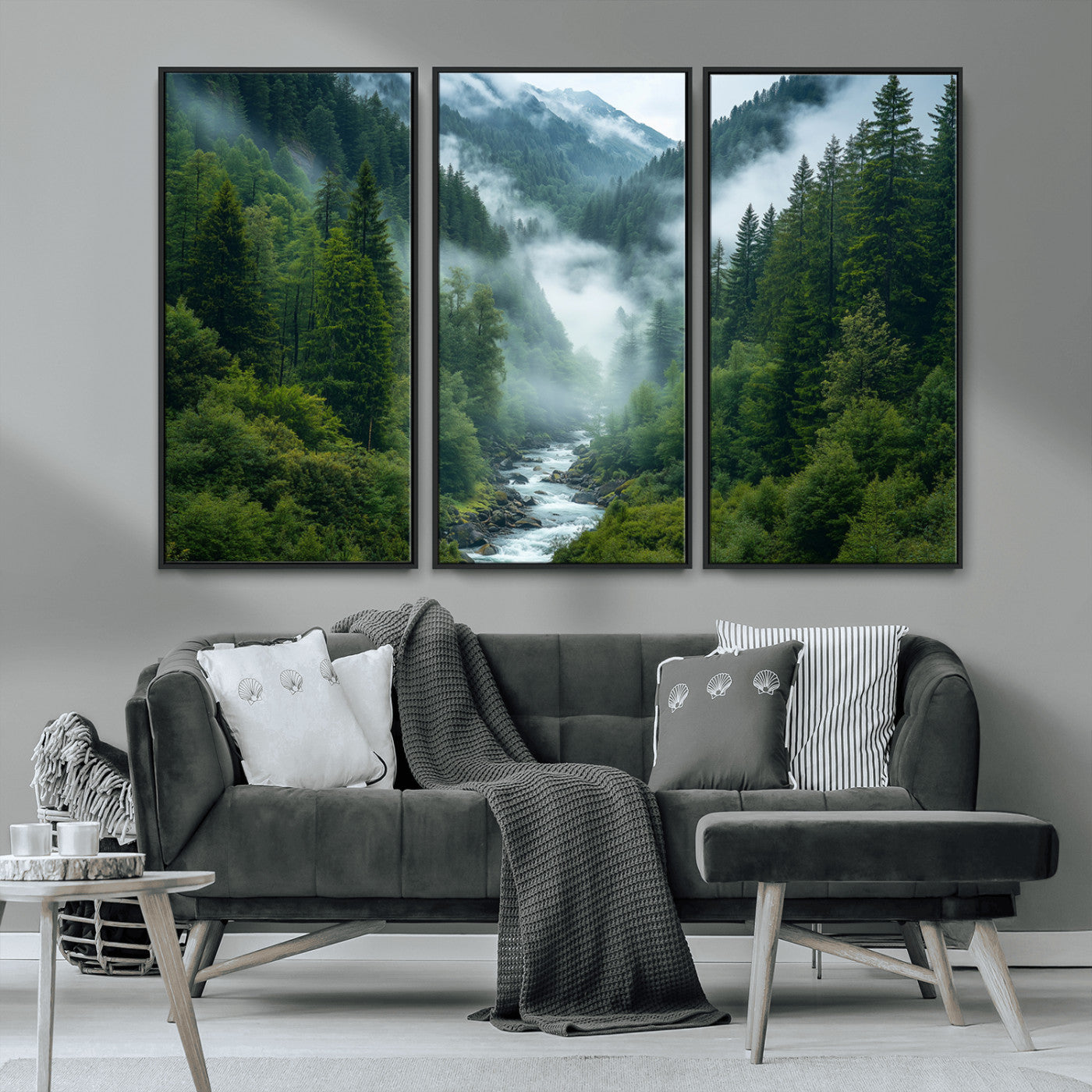 MGV-FC-48X32-3P - Mountain Forest River Canvas Wall Art Print - Serene Nature Landscape for Living Room, Office, or